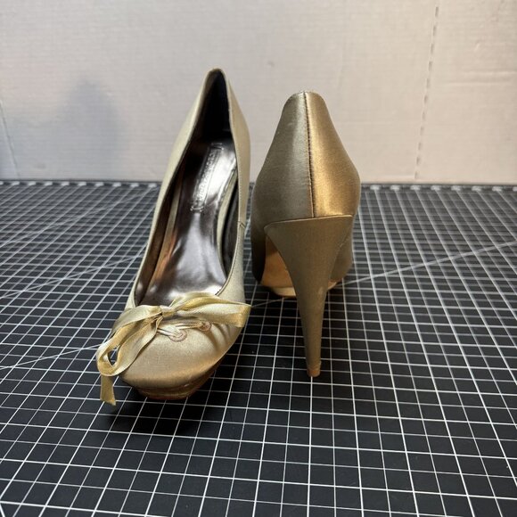 Gold Satin High Heels With Bow Detail & Leather Sole BCBGMaxAzria Size 9 - Picture 2 of 8
